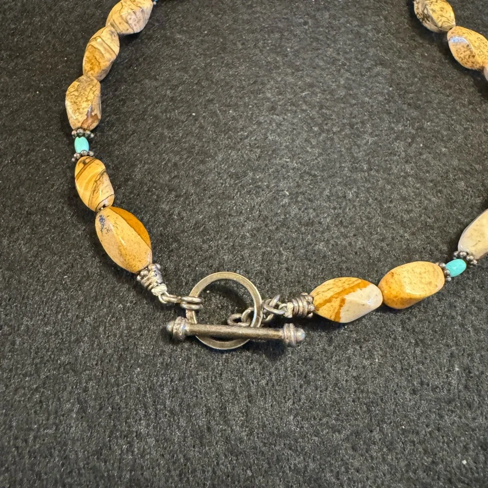 Handmade turquoise pendant on sterling necklace with barrel jasper stone beads